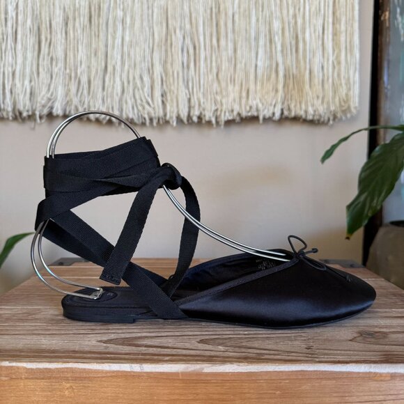Zara Black Satin Mule Ankle Wrap Bow Detail Minimalist Ballet Flat Size 39 / 8 - Picture 8 of 15